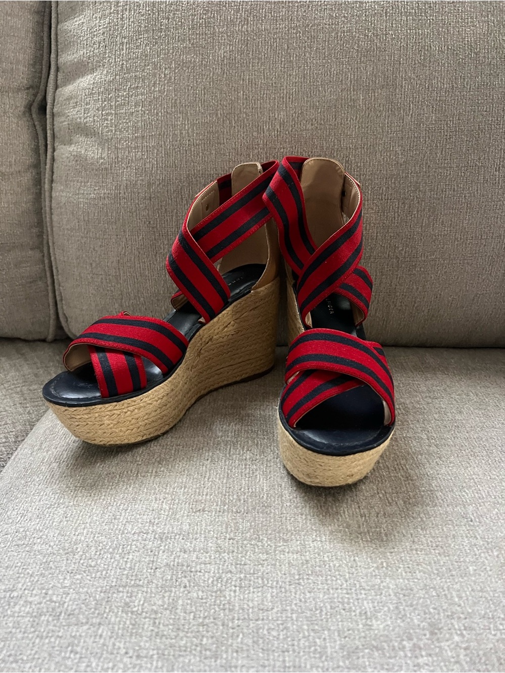 Tommy Hilfiger Red and Black Striped Espadrille Wedge Sandals